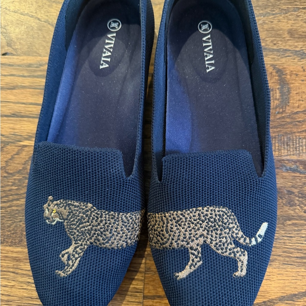 VIVAIA Women's Navy Blue Loafers with Leopard Design